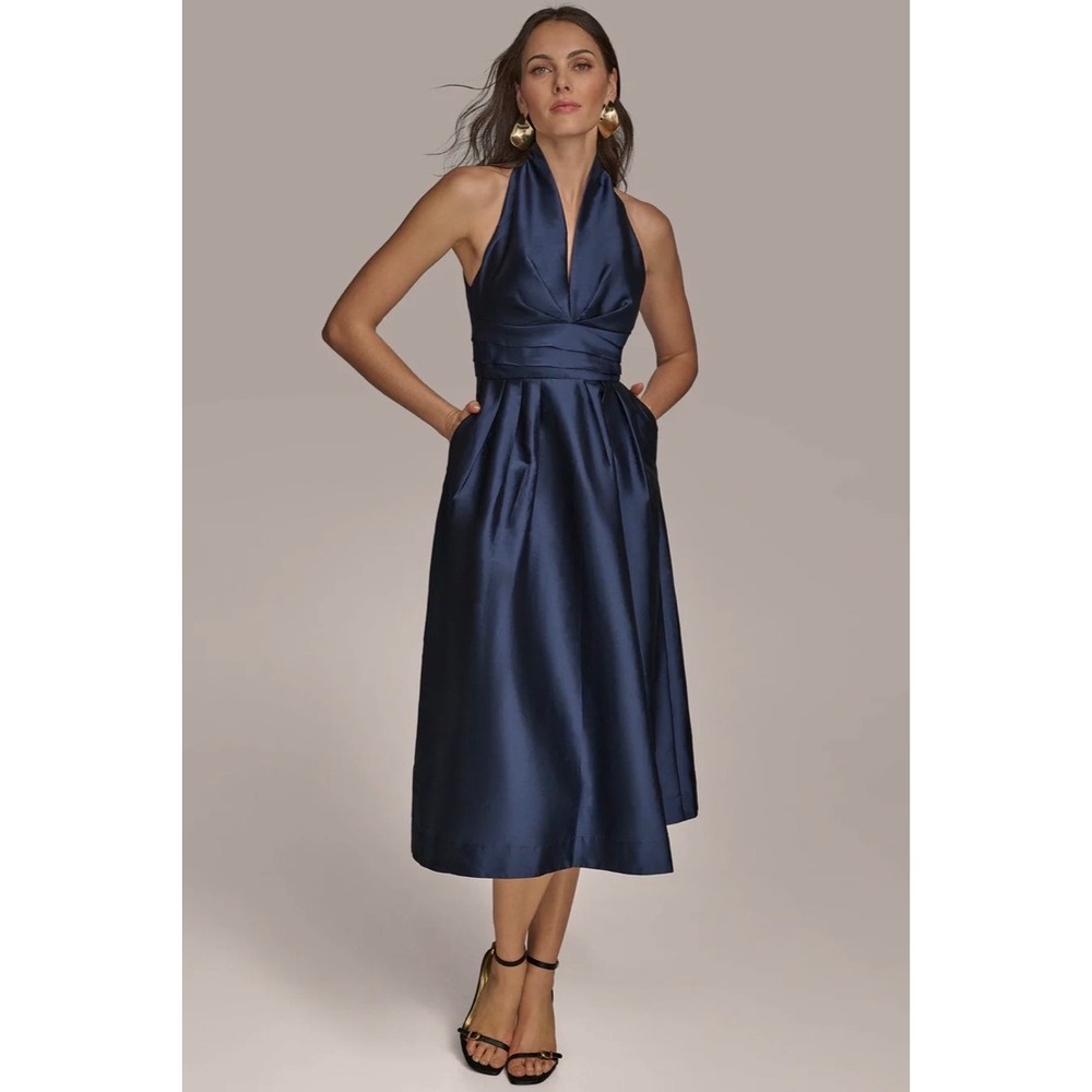 New Donna Karan Sleeveless V-Neck Taffeta Midi Cocktail Dress TAFFETA BLUE sz 8 - Picture 3 of 7
